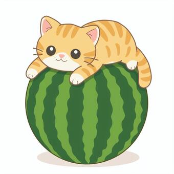 大きなスイカの上に乗る茶トラ猫のイラスト 猫,ネコ,ねこ,茶トラ猫,スイカ,夏,7月,8月,夏素材,手書き風のイラスト素材