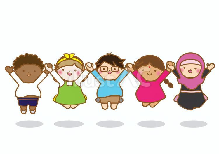 多国籍の子供達が一緒にジャンプ 子ども,ジャンプ,飛ぶのイラスト素材