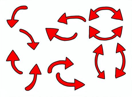 曲がり矢印セット赤 曲がり矢印セット赤 矢印,曲がる,下,上,右,左,こっち,ここ,案内,表記のイラスト素材