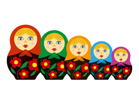 五つのマトリョーシカ人形 マトリョーシカ,人形,入れ子,五つ,置物,土産物,ロシア,木工品,工芸品,郷土品のイラスト素材