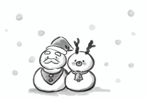 クリスマスカード：雪だるま（文字なし） クリスマス,雪だるま,サンタ,トナカイ,冬,墨絵,毛筆,モノトーン,背景のイラスト素材