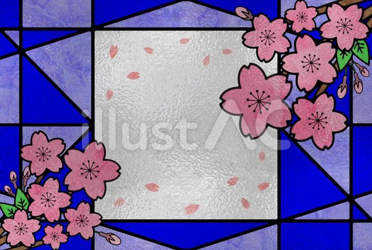 ステンドグラス　桜　藍色枠 ステンドグラス,桜,ピンクのイラスト素材