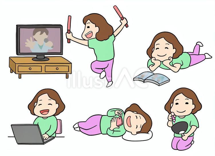 自宅で推し活を楽しむ女性のセット 推し活,女性,コミカルのイラスト素材