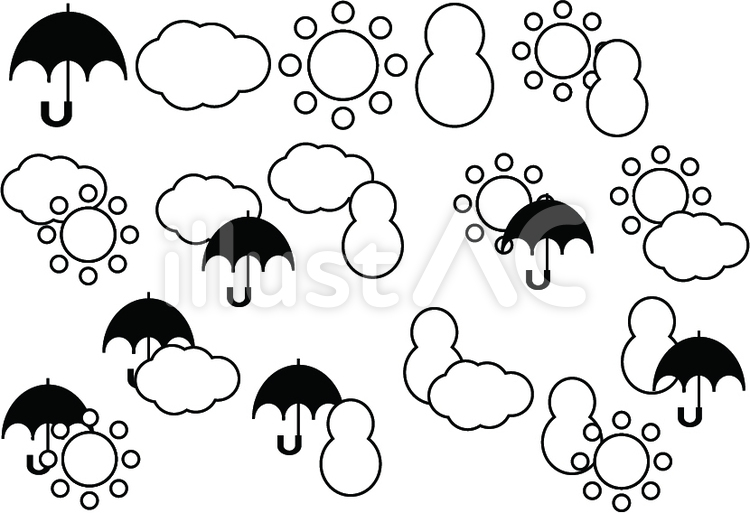 天気マーク　白黒 雨,傘,太陽のイラスト素材
