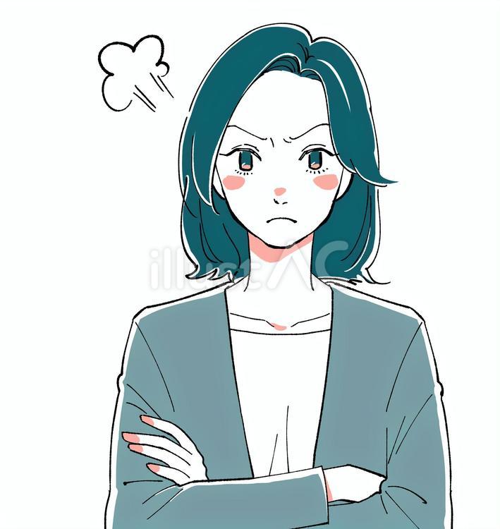 怒り、腕を組んで怒っている女性　手描き 女性,ビジネス,腕組みのイラスト素材