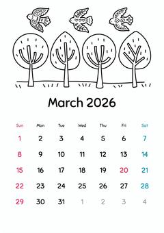  2026年3月ぬり絵カレンダー カレンダー,2026年,3月,日本仕様,ぬり絵,線画,趣味,娯楽,自然,木のイラスト素材