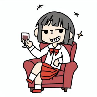 ワイングラス片手のたくらむ少女 小学生,片手,たくらむ,ワイングラス,ぶどうジュース,イメージ,支配者,悪だくみ,悪行,悪いのイラスト素材