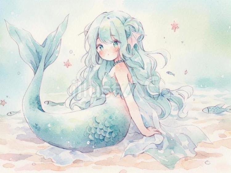 海にいる青い人魚の水彩画イラスト - No: 24085937｜無料イラスト