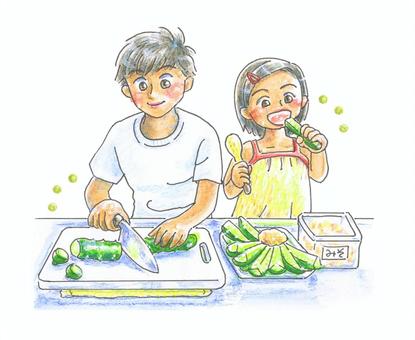 きゅうりを切って食べる子、2ふたり きゅうり,味噌,食べる,二人,夏,おいしい,笑顔,おやつ,切る,まな板のイラスト素材