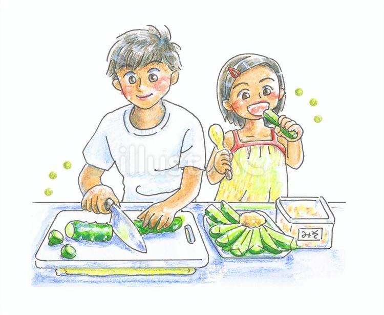 きゅうりを切って食べる子、2ふたり きゅうり,味噌,食べるのイラスト素材