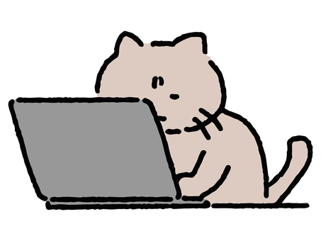 猫背でパソコンをいじる猫のゆるい手描き絵 猫,pc,仕事,近視,困っている,顔をしかめる,悩む,猫背,可愛い,挿絵のイラスト素材