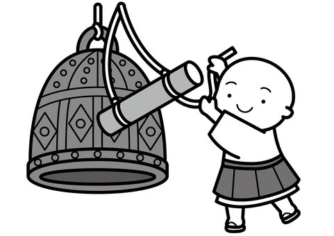 除夜の鐘-2c 除夜の鐘,大晦日,釣鐘,梵鐘,鐘付き,鐘付き棒,小僧さん,お坊さん,着物,草履のイラスト素材