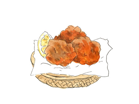 鶏の唐揚げ とり肉,揚げ物,レモン,ざる,手描きのイラスト素材