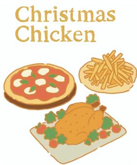 クリスマスディナーと文字 クリスマス,文字,英語,チキン,骨付き肉,トマト,野菜,フライドポテト,ピザ,チーズのイラスト素材