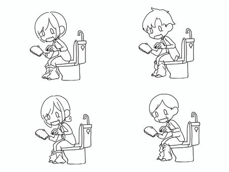 出血（下血）でびっくりする人の線画セット トイレ,塗り絵,老若男女,びっくり,男性,女性,シニア,おじいさん,おばあさん,便器のイラスト素材