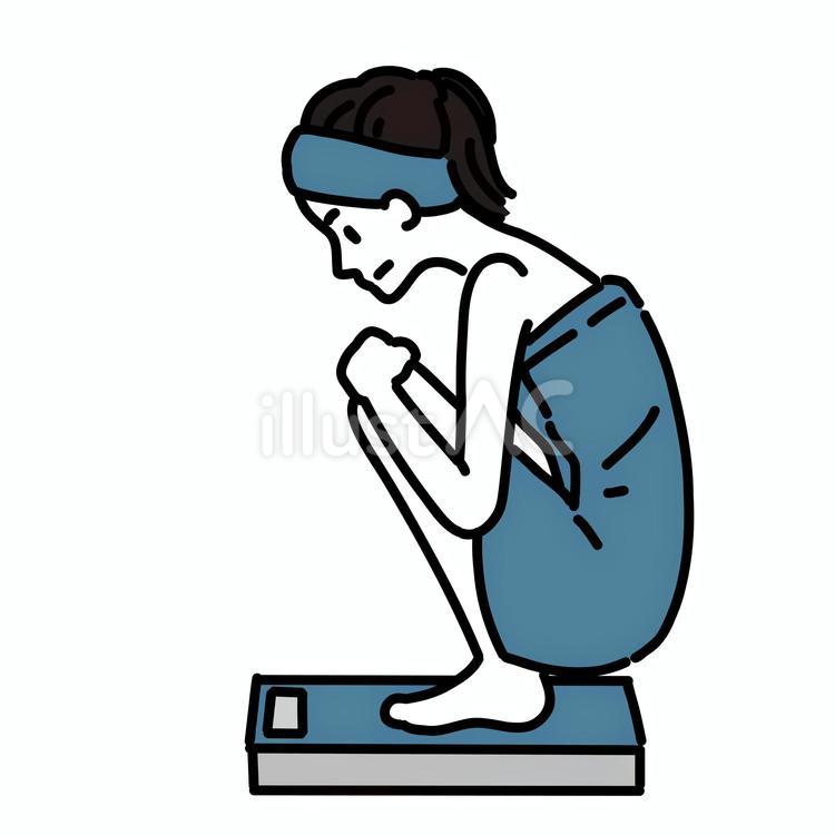 体重計の上で座りこむ女性 女性,全身,真顔のイラスト素材