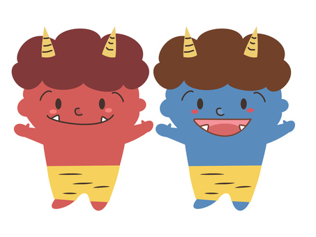 節分の赤鬼と青鬼のセット 節分,鬼,おに,オニ,赤鬼,全身,青鬼,手描き,トラ柄,デフォルメのイラスト素材