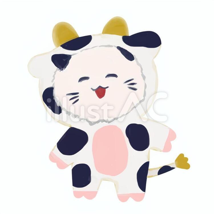 牛の着ぐるみ　かわいい猫　年賀状素材　青 牛,年賀状素材,猫のイラスト素材
