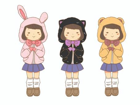 アニマルガール 女の子,女子,女子高生,学生,生徒,パーカー,服,制服,スカート,靴下のイラスト素材