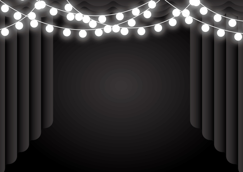 黒色のカーテンとおしゃれなライトの背景 カーテン,幕,ステージ,電球,紐,黒色,背景のイラスト素材