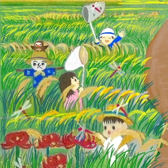 秋の稲穂と子供たち 秋,稲穂,子供,赤トンボ,彼岸花,雀のイラスト素材