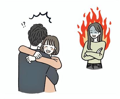 浮気・不倫がバレた男性 浮気,不倫,二股,怒る,怒り,イライラ,イラつく,炎,メラメラ,バレたのイラスト素材