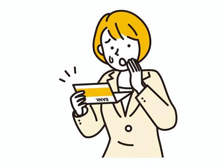 困った顔で通帳を見ているスーツ姿の女性 通帳,女性,お金,困った,悩む,マイナス,足りない,人物,見る,スーツのイラスト素材