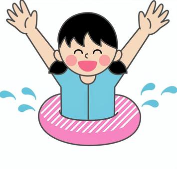 夏のイラスト 女の子,浮き輪,にっこり,楽しい,はしゃぐ,万歳,プール,海,海水浴,水しぶきのイラスト素材