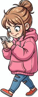 三白眼の女の子が歩きスマホをする