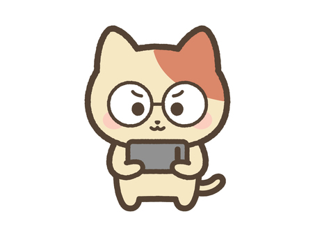 スマホでゲームに熱中するねこ（メガネ） ねこ,スマホ,ゲーム,熱中,ソーシャルゲーム,ソシャゲ,携帯,スマートフォン,日常,表情のイラスト素材