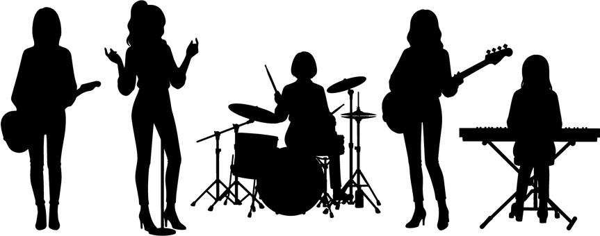 女性5人ロックバンドのシルエット ガールズバンド,女性バンド,ロックバンド,ボーカル,ギタリスト,ベーシスト,ドラマー,キーボーディスト,ライブ,音楽イベントのイラスト素材
