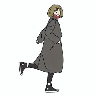 小走りするロングコートを着た女性 女性,ロングコート,全身,走る,小走り,ポーズ,スニーカー,私服,タートルネック,おしゃれのイラスト素材