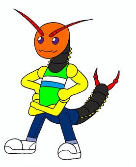 ムカデ　キャラクター　イラスト ムカデ,デフォルメ,キャラクター,かわいい,赤色,触覚,黄色,腕,白い,スニーカーのイラスト素材