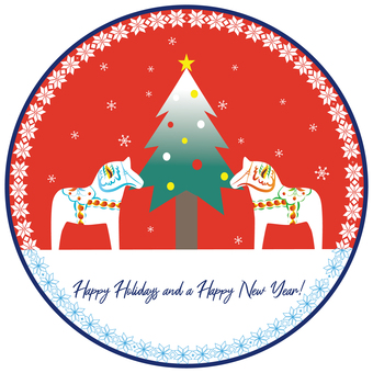 ダーラナホース冬の挨拶SNS用赤丸背景 冬,クリスマス,馬,赤,クリスマスツリー,コントラスト,ダーラナホース,カラフル,北欧,雪のイラスト素材