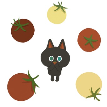 色とりどりのプチトマトと黒猫 黒猫,猫,プチトマト,ミニトマト,トマト,野菜,家庭菜園,農作物,収穫,食材のイラスト素材
