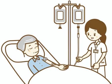入院　点滴しましょうね2 おじいさん,高齢者,寝たきり,寝る,点滴,ベッド,看護師,笑顔,安心,入院のイラスト素材