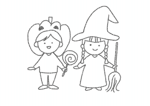 ハロウィンの男の子と女の子 ハロウィン,男の子,女の子,イラスト,塗り絵,かわいいのイラスト素材