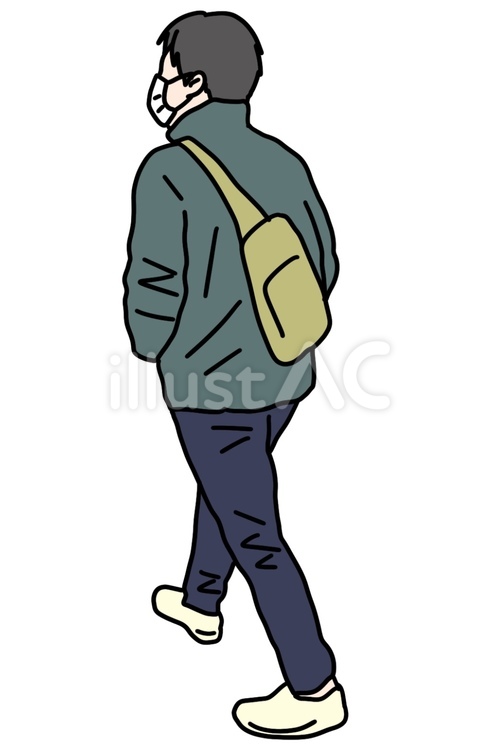 男性歩く後ろ姿 白背景,無料,手描きのイラスト素材