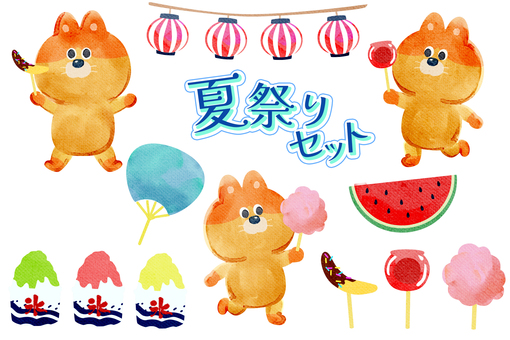 水彩画_夏祭りセット_02 猫,動物,手描き,水彩画,水彩,水彩風,水彩画風,あしらい,夏,夏祭りのイラスト素材