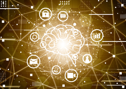 AIとビジネスツールと金色のイメージ素材 ビジネス,デジタル,人工知能,脳,幾何学,ライン,ネットワーク,テクノロジー,フォルダ,パスワードのイラスト素材