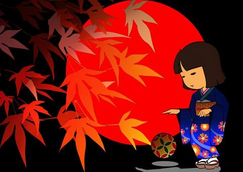 赤月に鞠をつく少女 赤月,紅葉,秋,少女,着物,おかっぱ,鞠つき,ボブヘア,カット,日本のイラスト素材