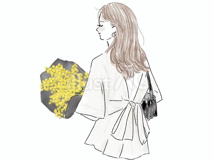 ミモザの花束を持つ女性の後ろ姿 女性,ミモザ,ブーケのイラスト素材