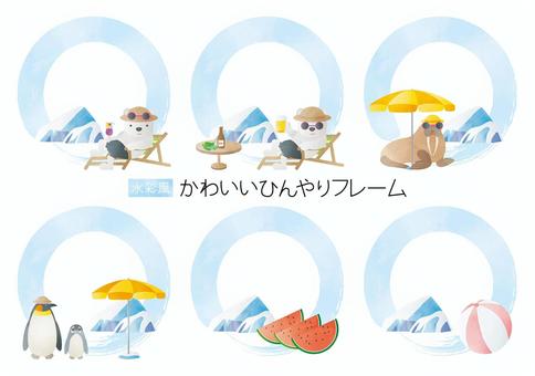 かわいいひんやりフレーム-4 かわいいひんやりフレーム-4 夏休み,バカンス,夏,海,氷,日光浴,動物,白くま,セイウチ,ペンギンのイラスト素材