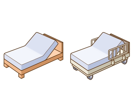 ベッド／介護ベッド：ベッドアップマット有 ベッド,リクライニングベッド,介護ベッド,寝具,家具,木材,木製,金属,柵,キャスターのイラスト素材