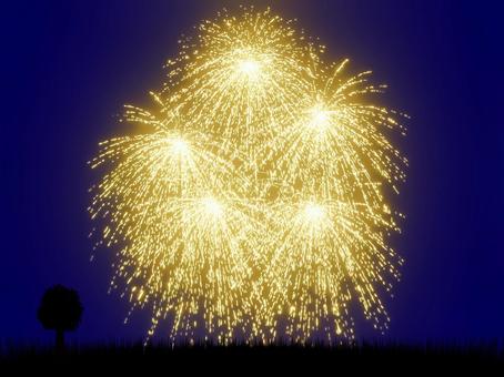 夜空に輝く柳花火と木と大地のシルエット 花火,背景,柳,しだれ柳,ゴールド,金,花火大会,木,大地,芝生のイラスト素材