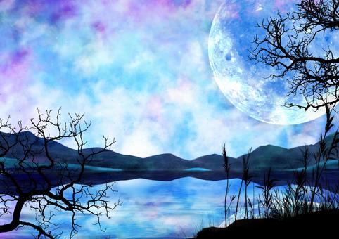 海に浮かぶ満月の幻想的で不気味な風景 海,月,満月,星空,星,夜空,波,光,幻想的,神秘的のイラスト素材