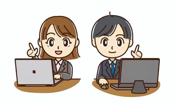 パソコンを使う男女セット パソコン,ノートパソコン,男女,人物,男性,女性,オフィス,デスク,指差し,笑顔のイラスト素材
