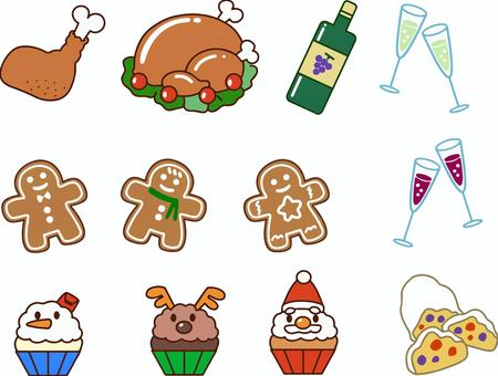 クリスマス食べ物イラスト クリスマス,七面鳥,チキン,ワイン,乾杯,ワイングラス,ジンジャークッキー,サンタ,トナカイ,雪だるまのイラスト素材