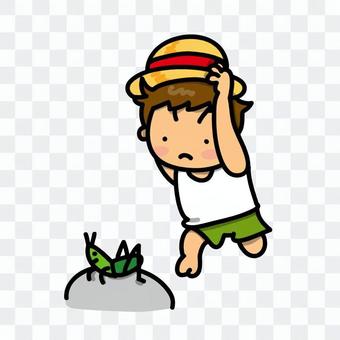 A boy trying to grab a grasshopper A boy trying to grab a grasshopper
