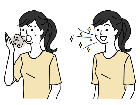 A woman suffering from bad breath and a woman with a refreshing breath A woman suffering from bad breath and a woman with a refreshing breath